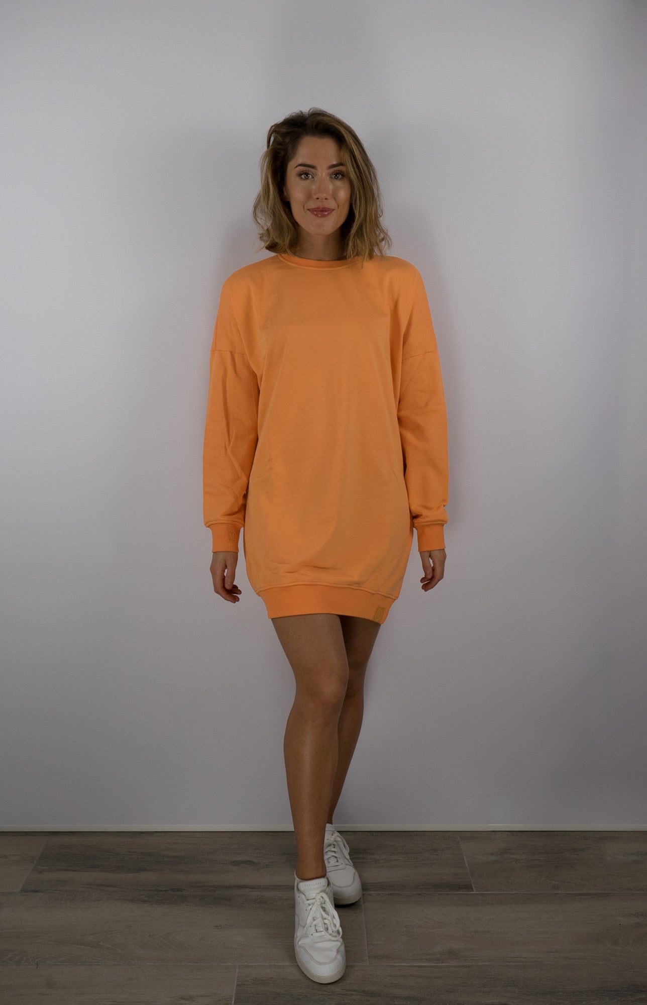 bright orange dress, loose, coral colour, sustainably made