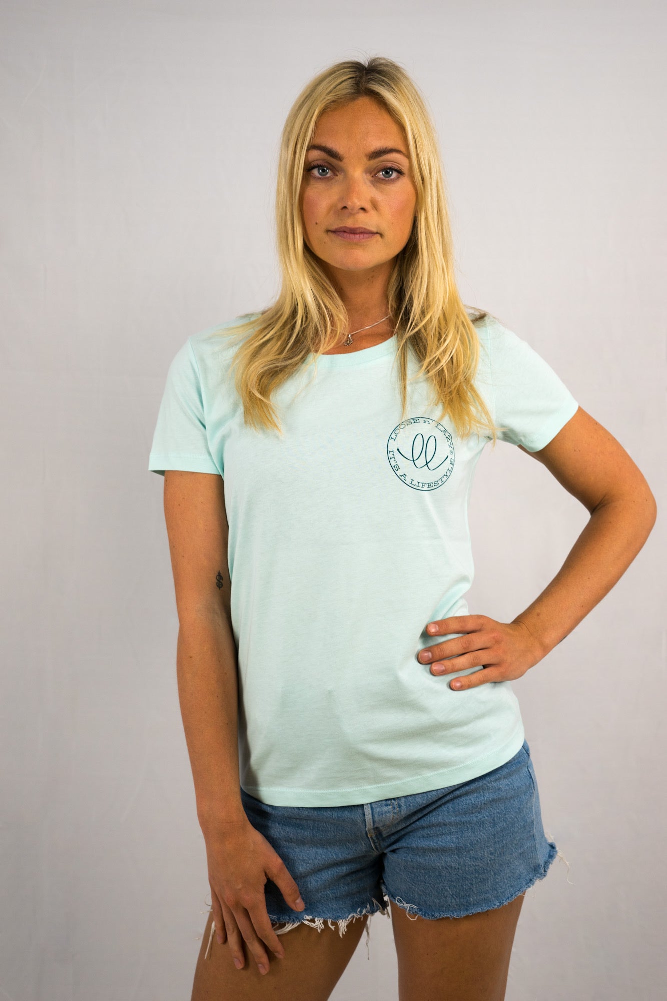 blue ladies t-shirt, sustainable, recycled cotton top